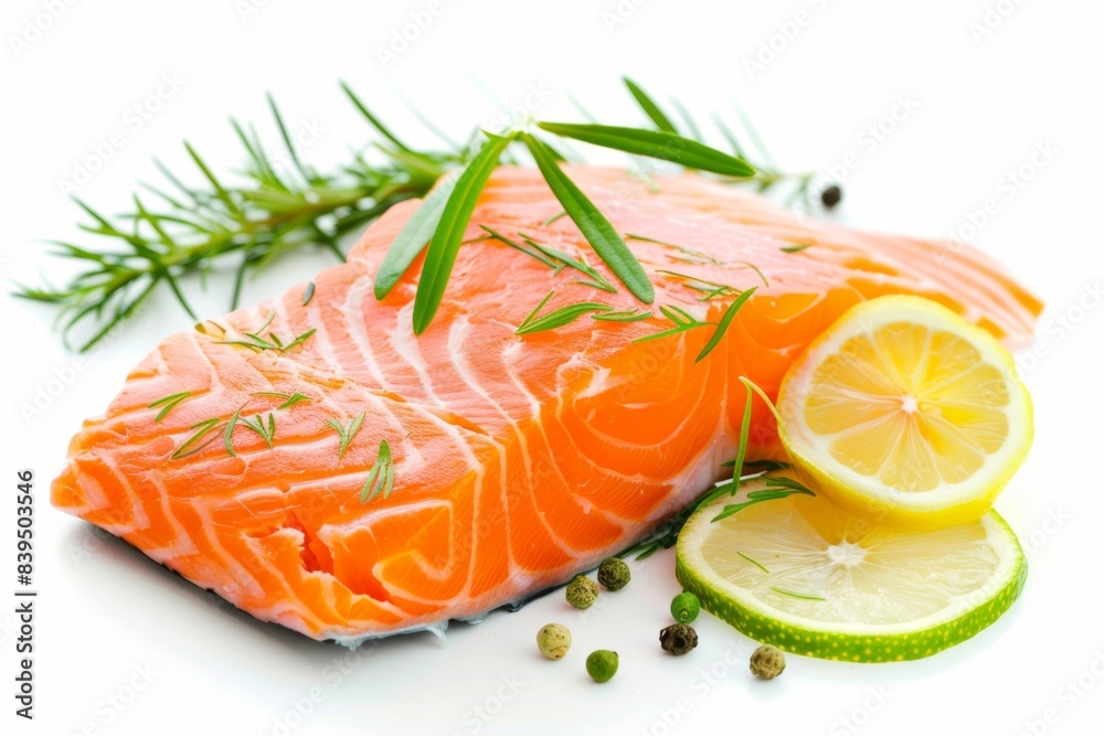 Salmon fillet on a white background. Ingredients for cooking. Healthy food. Source of vitamin omega three. Salmon fillet on a white background. Ingredients for cooking. Healthy food. Source of vitamin omega three.