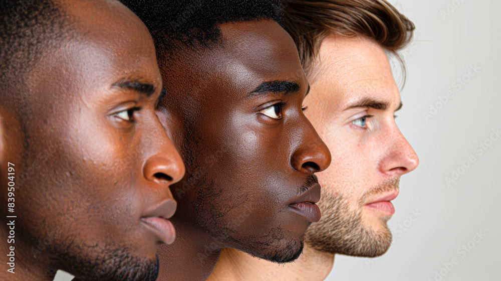 Fototapeta premium Three men with different skin tones stand side by side