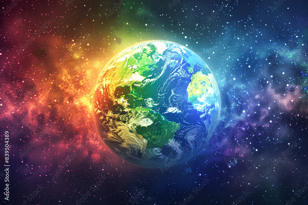 Fototapeta premium A colorful planet with a rainbow on it is floating in space