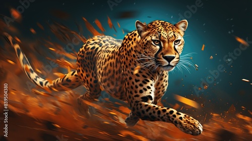 A conceptual portrayal of a cheetah as a representation of grace and elegance, with imagery evoking its fluid movements and sleek physique --  photo