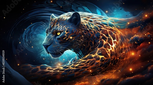 A cosmic cheetah with galactic patterns swirling in its fur, running across the surface of a 