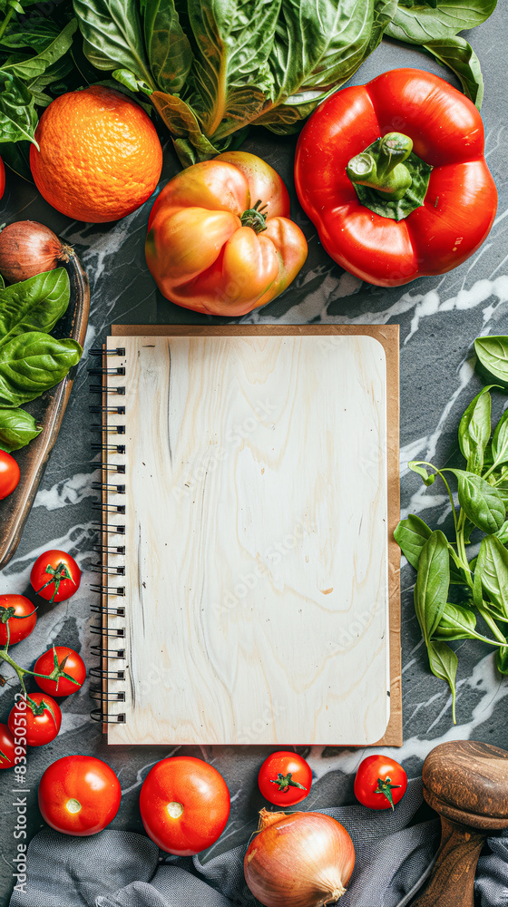 A notebook with a blank page sits on a table with a variety of fruits A notebook with a blank page sits on a table with a variety of fruits