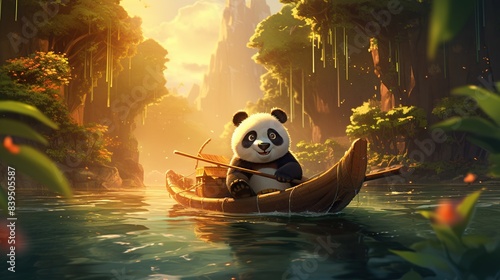 A cute cartoon panda riding a bamboo raft down a tranquil river, surrounded by lush greenery 