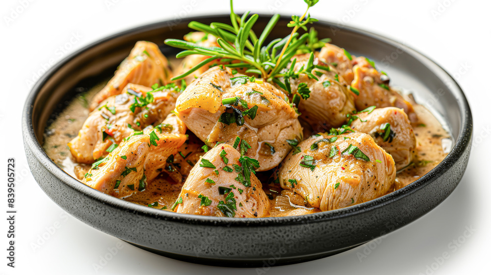 A black bowl of chicken with herbs and spices A black bowl of chicken with herbs and spices