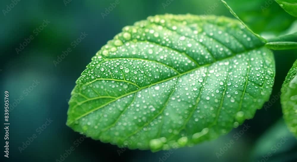 A close up photograph of a single leaf with morning dew on it. A close up photograph of a single leaf with morning dew on it.