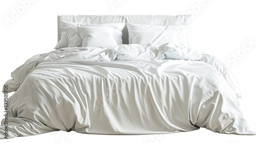 A white bed with a white comforter and white pillows