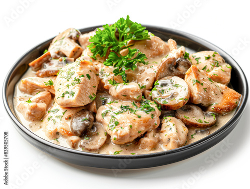 A plate of chicken and mushrooms with parsley on top