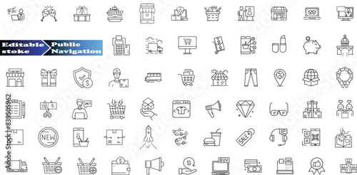Public navigation in a shopping center, store, market. Set of line icons in linear style.