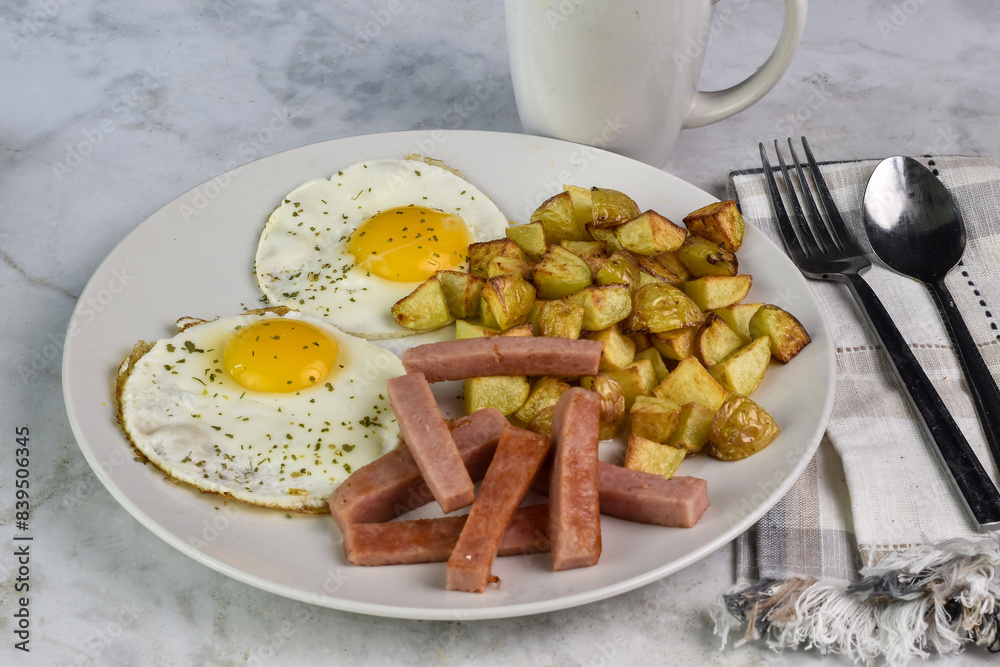 fried eggs spam sticks and home fries fried eggs spam sticks and home fries
