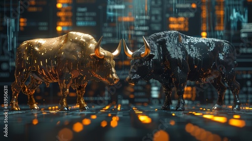 Two bulls, one gold and one black, facing off in front of digital stock market data, symbolizing financial market competition and trends. photo