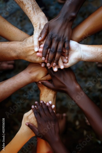 A group of people with different skin tones are holding hands in a circle