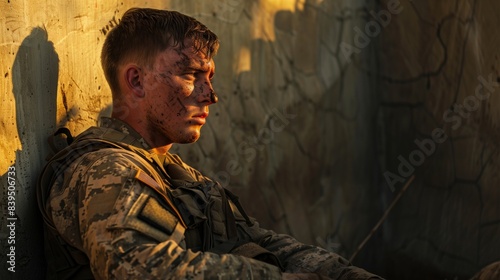 Soldier Reflecting After Combat. A realistic photo of a soldier sitting on the ground with his back against a wall