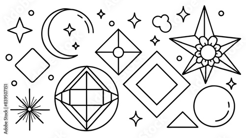 A collection of various geometric shapes and celestial bodies such as stars and moons are depicted in a simple line drawing. Shapes include circles, diamonds, and a mix of complex and simple shapes.AI