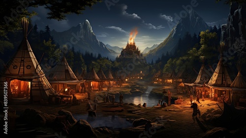 A depiction of a Native American village with tipis, totem poles, and a gathering around a campfire  photo