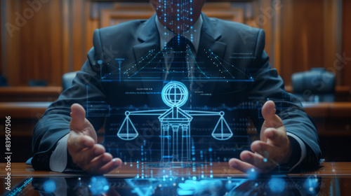 Wallpaper Mural Legal tech and the future of law. A lawyer uses innovative technology to visualize legal concepts like justice and the global reach of law. Torontodigital.ca