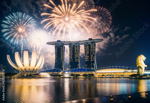 fireworks over merlion and marina bay sands singapore at night