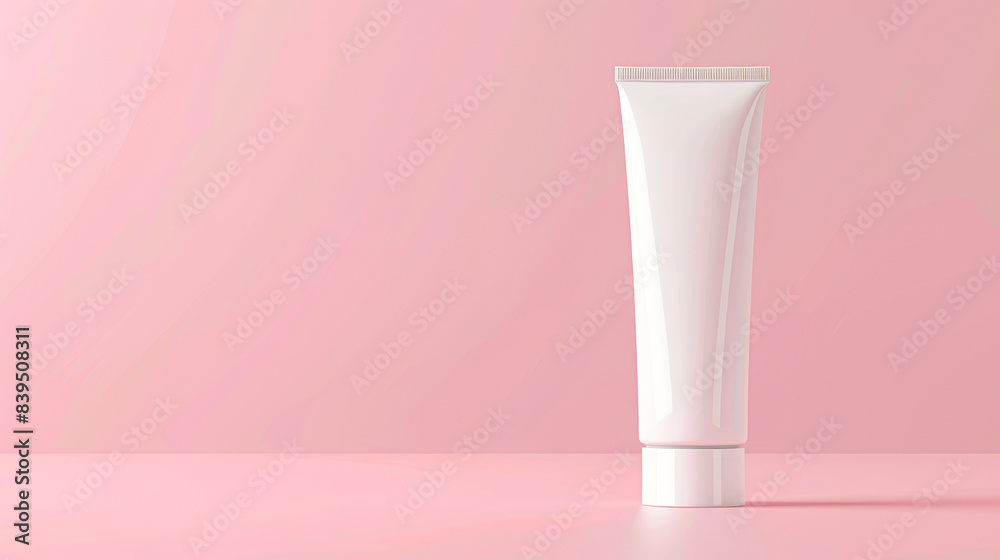 A white tube of makeup sits on a pink background A white tube of makeup sits on a pink background