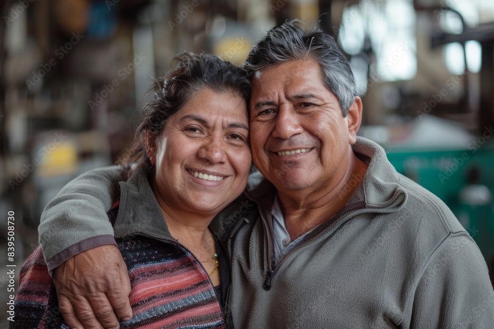 Portrait of a glad latino couple in their 30s wearing a thermal fleece pullover in front of bustling factory floor