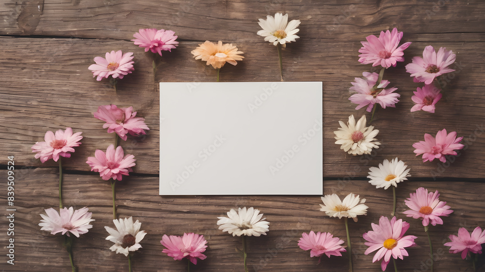 wooden background with flowers with paper note empty space for greeting message. Love and greeting concept design. AI generated image, ai wooden background with flowers with paper note empty space for greeting message. Love and greeting concept design. AI generated image, ai