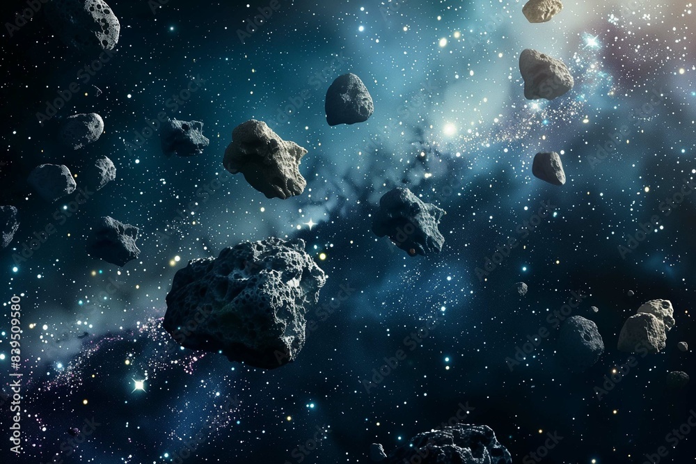 illustration of space objects and asteroids in space