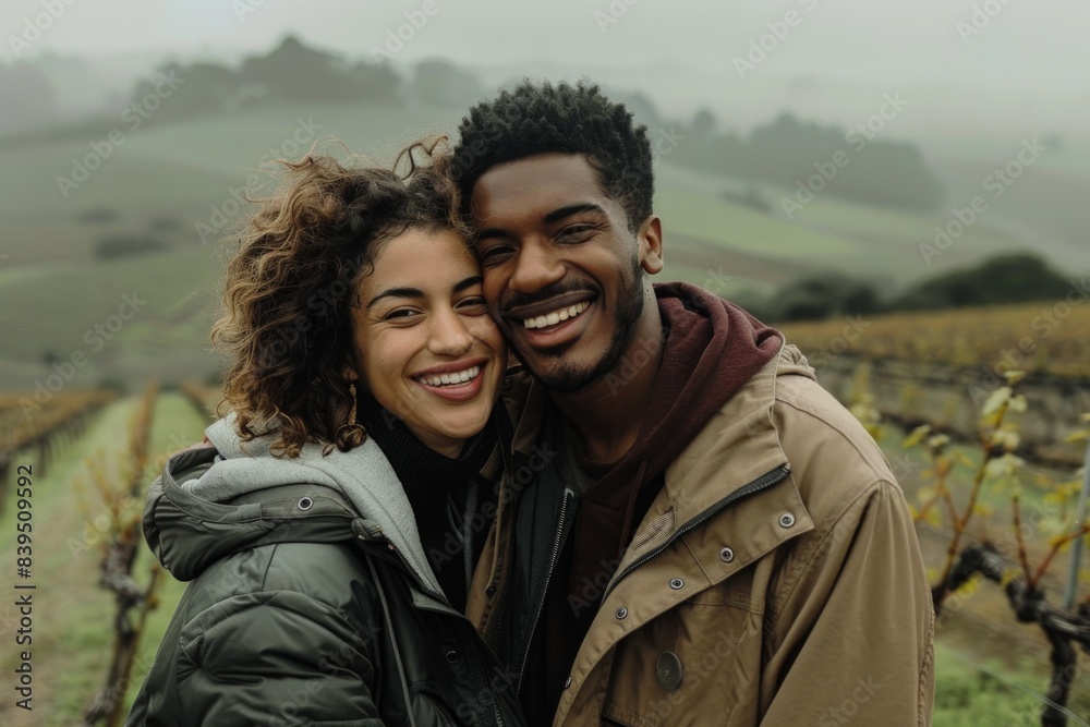 Portrait of a grinning multiethnic couple in their 20s wearing a functional windbreaker over backdrop of rolling vineyards