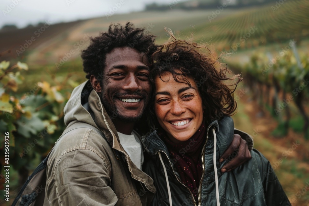 Portrait of a grinning multiethnic couple in their 20s wearing a functional windbreaker isolated on backdrop of rolling vineyards Portrait of a grinning multiethnic couple in their 20s wearing a functional windbreaker isolated on backdrop of rolling vineyards