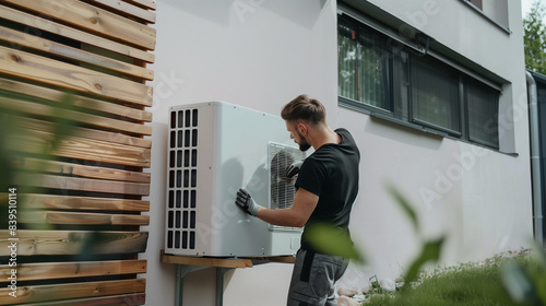 Professional technician carefully installs a modern heat pump outside a house with solar panels on the roof