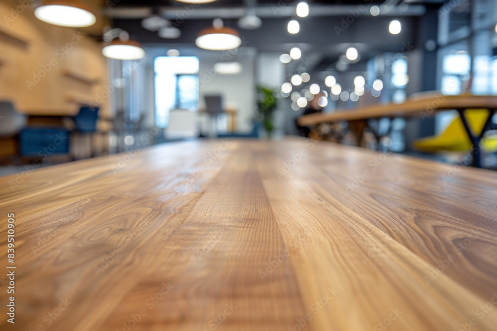 A wooden desk in the foreground with a blurred background of a tech startup office. The background includes modern workstations. A wooden desk in the foreground with a blurred background of a tech startup office. The background includes modern workstations.