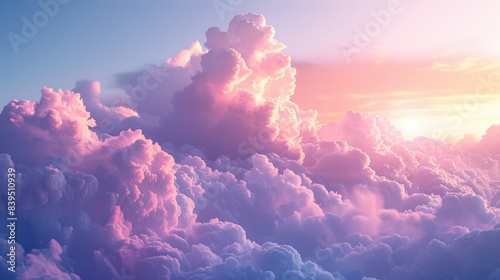 A breathtaking sunset illuminates fluffy, pink clouds, creating a serene and ethereal atmosphere.