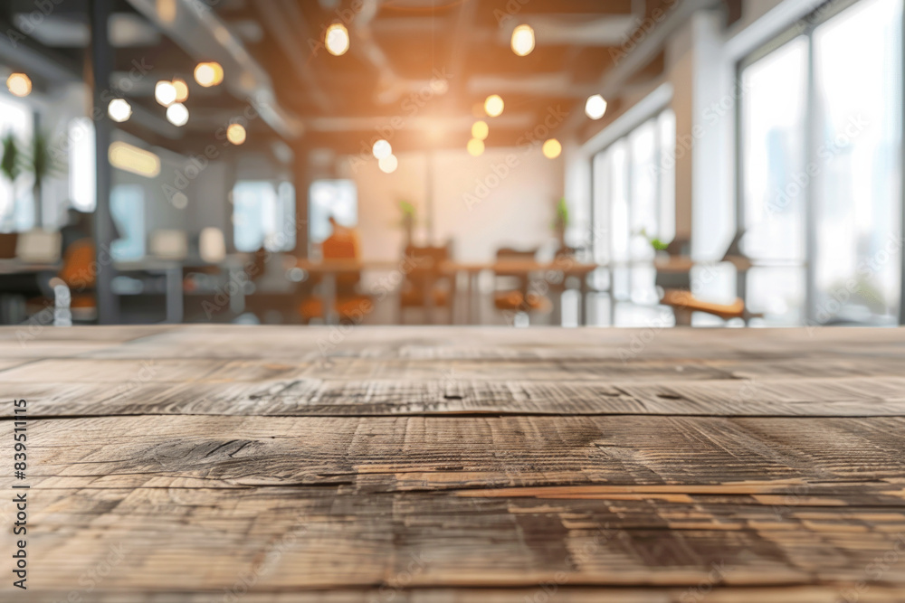 A wooden desk in the foreground with a blurred background of a tech startup office. The background includes modern workstations. A wooden desk in the foreground with a blurred background of a tech startup office. The background includes modern workstations.