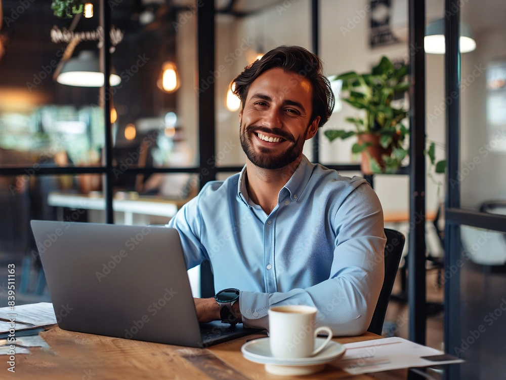 Obraz premium smiling businessman working on laptop