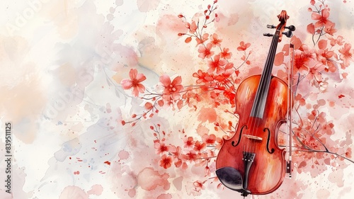 Fototapeta Naklejka Na Ścianę i Meble -  Violin with floral watercolor art on a soft background