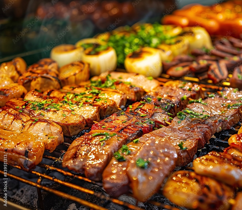 Assorted Grilled Meat on a Barbecue Close-Up Assorted Grilled Meat on a Barbecue Close-Up