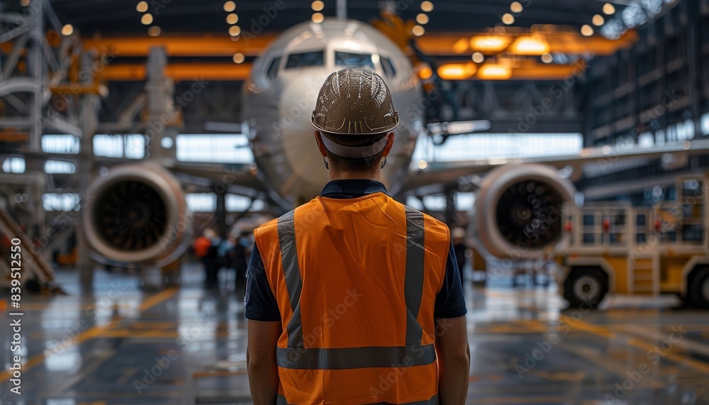 Aircraft Maintenance Mechanic in Hangar. Airplane on Background.
Aircraft Maintenance Mechanic in Hangar. Airplane on Background.