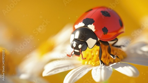 A charming ladybug 3D cartoon character with a friendly face, crawling on a daisy, ideal for a childrena??s gardening kit icon. The background is a cheerful yellow. photo