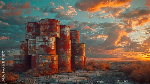 Rusty Oil Drums Stacked in an Industrial Yard at Sunset photo