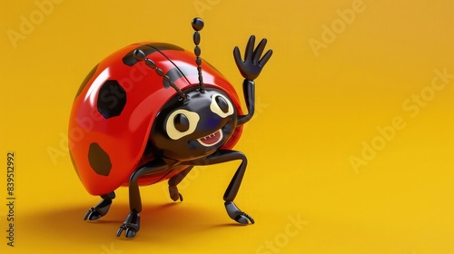 A cheerful ladybug 3D cartoon character with a shiny red shell and black spots, waving happily, ideal for a childrena??s educational app icon. The background is a vivid yellow. photo