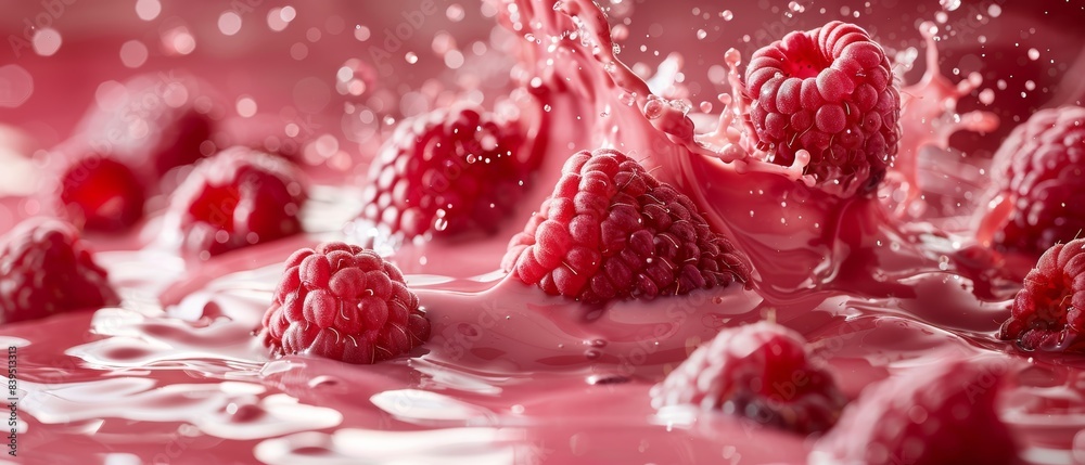 Dynamic splash of raspberries in creamy red liquid, high-speed photography Dynamic splash of raspberries in creamy red liquid, high-speed photography