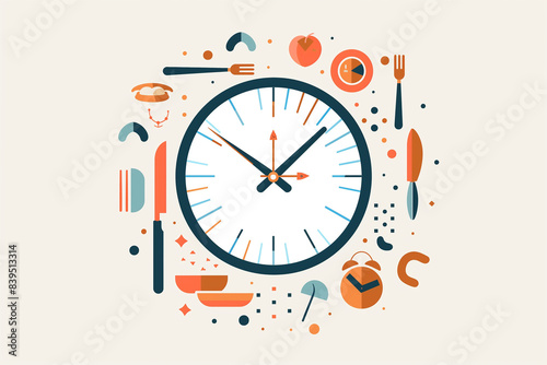 Illustrative of  IF intermittent fasting concept with a clock, representing the period for diet food