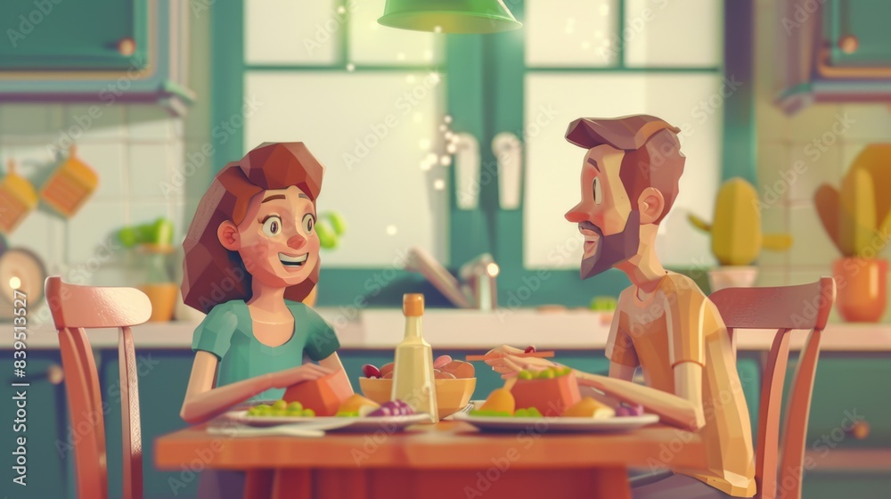 Two animated characters enjoying a meal together in a cozy kitchen setting Two animated characters enjoying a meal together in a cozy kitchen setting