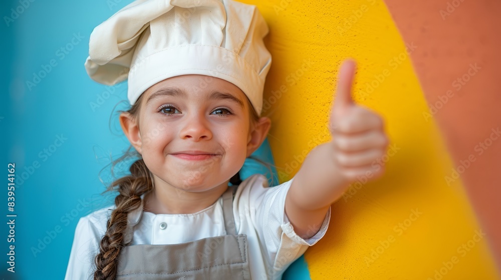 Cheerful young girl in a chef's hat giving a thumbs-up, wearing an apron, against a colorful background, expressing positivity and happiness. Cheerful young girl in a chef's hat giving a thumbs-up, wearing an apron, against a colorful background, expressing positivity and happiness.