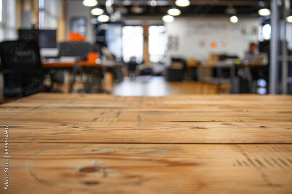 A wooden desk in the foreground with a blurred background of a tech startup office. The background includes modern workstations. A wooden desk in the foreground with a blurred background of a tech startup office. The background includes modern workstations.