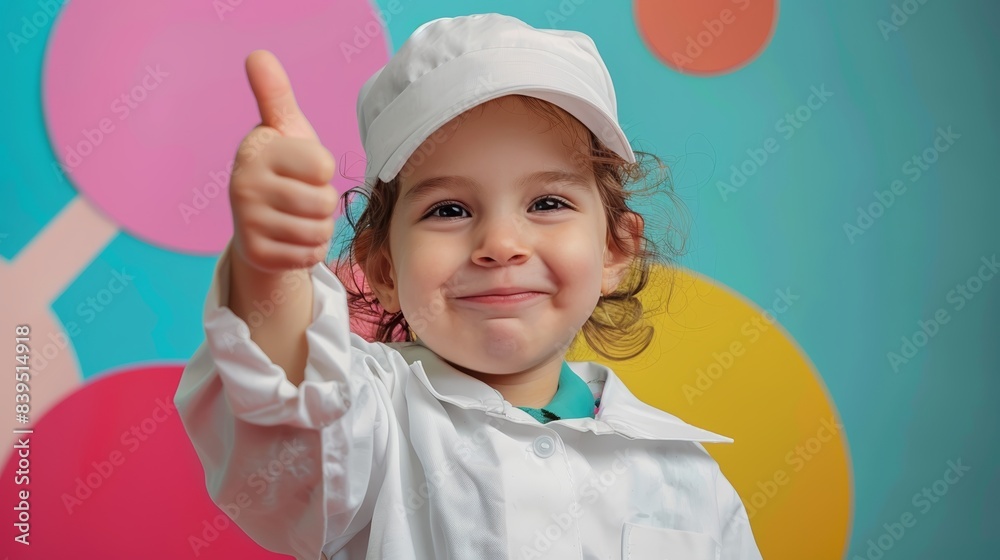 Happy child in a white chef uniform giving a thumbs up, cheerful background with colorful circles. Happy child in a white chef uniform giving a thumbs up, cheerful background with colorful circles.