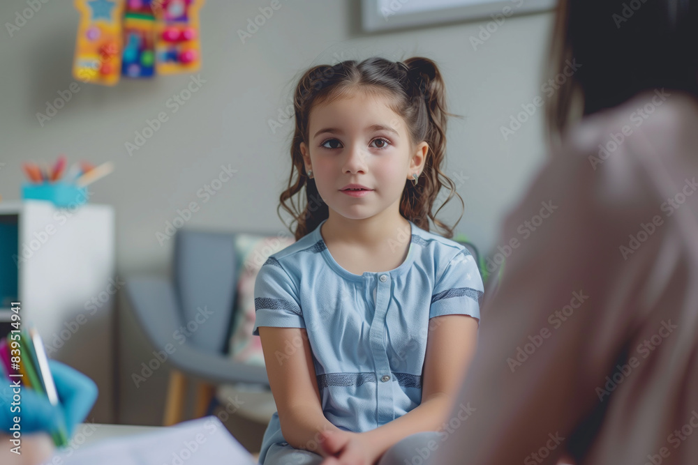 Child psychologist conducting a psychological assessment to identify learning disabilities or developmental disorders.A young child is seated at a table conversing with an adult woman