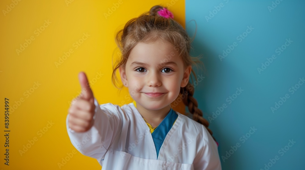 Happy girl showing thumbs up, wearing a white shirt, with a colorful background. Concept of approval, positivity, and cheerful children. Happy girl showing thumbs up, wearing a white shirt, with a colorful background. Concept of approval, positivity, and cheerful children.