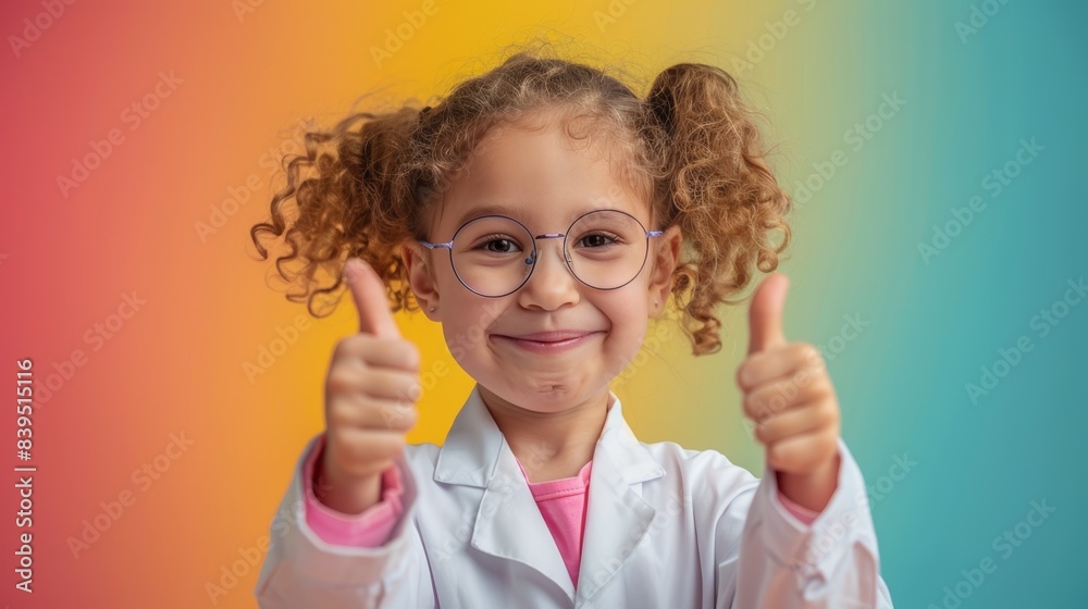 Happy young girl with curly hair and glasses in a lab coat giving two thumbs up, colorful background, representing confidence and joy.