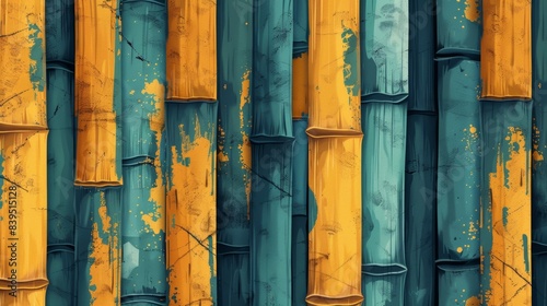 Colorful bamboo poles forming a rustic pattern with vibrant yellow and teal hues. Perfect for backgrounds and artistic designs. photo
