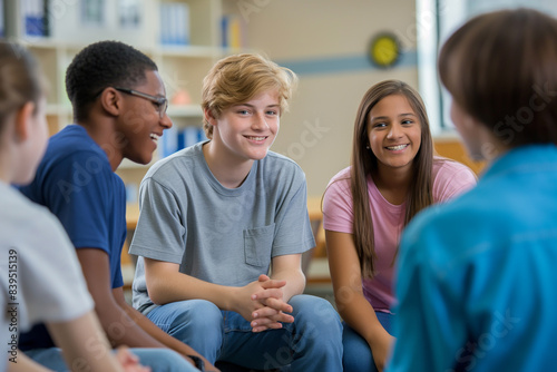 Group therapy session addressing social skills development and peer relationships among adolescents.Young people sitting in a circle chatting with each other photo