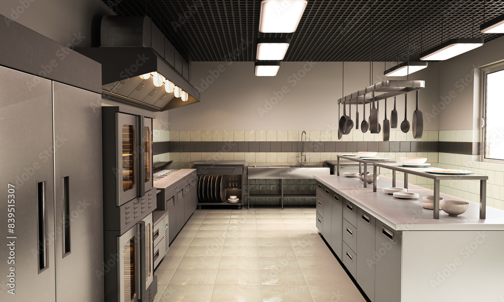 empty industrial kitchen 3d render