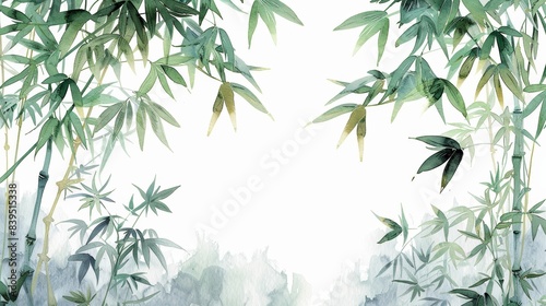 Elegant watercolor bamboo forest with lush green leaves on a white background  perfect for nature-themed designs and wallpapers.
